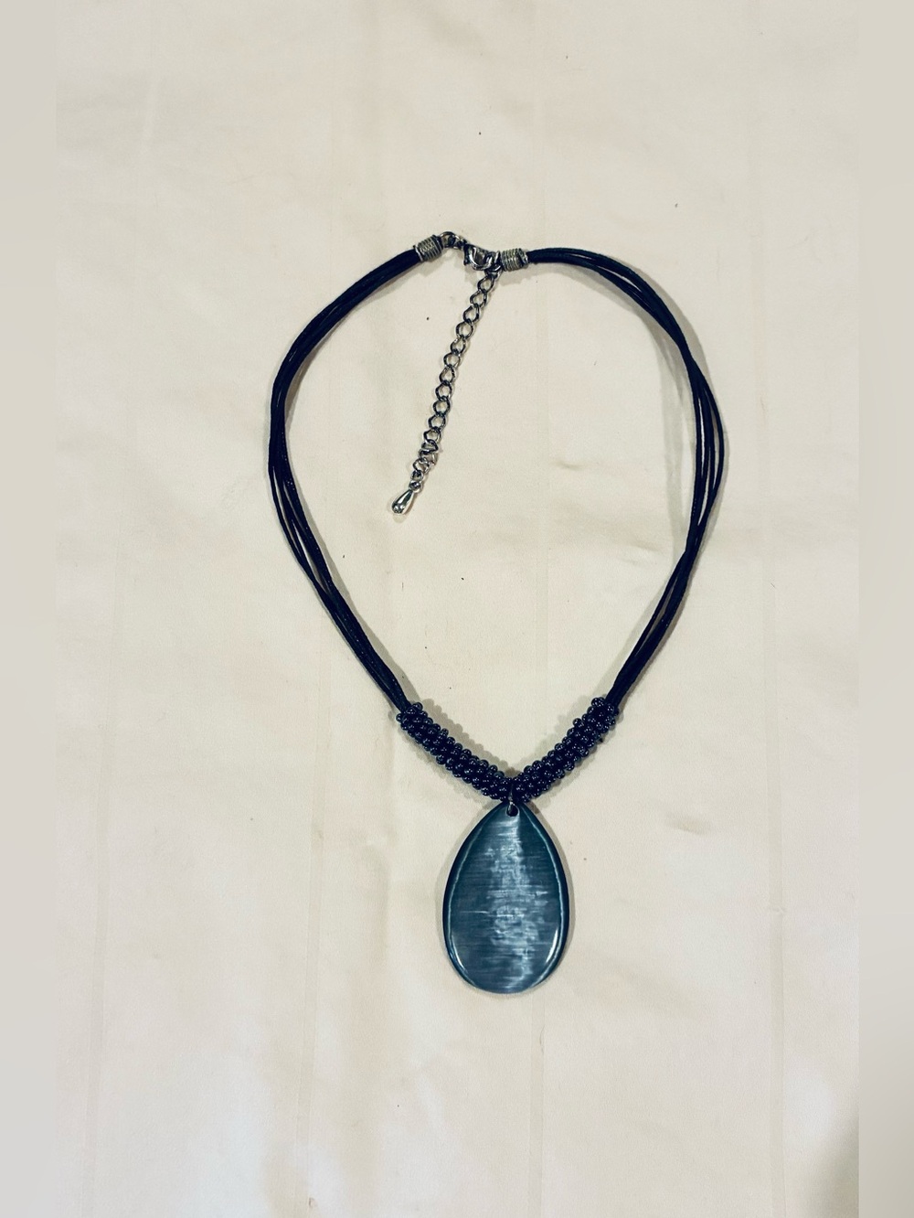 Navy Teardrop Pendant Necklace - Beaded and Leather strap. Simple & Versatile